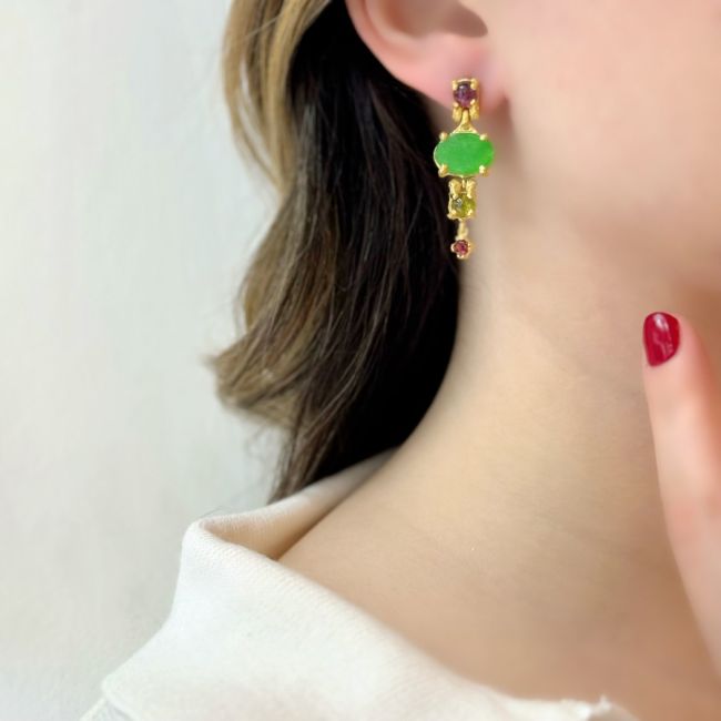 Jade Mix Stone Design Women's Silver Earrings - 2