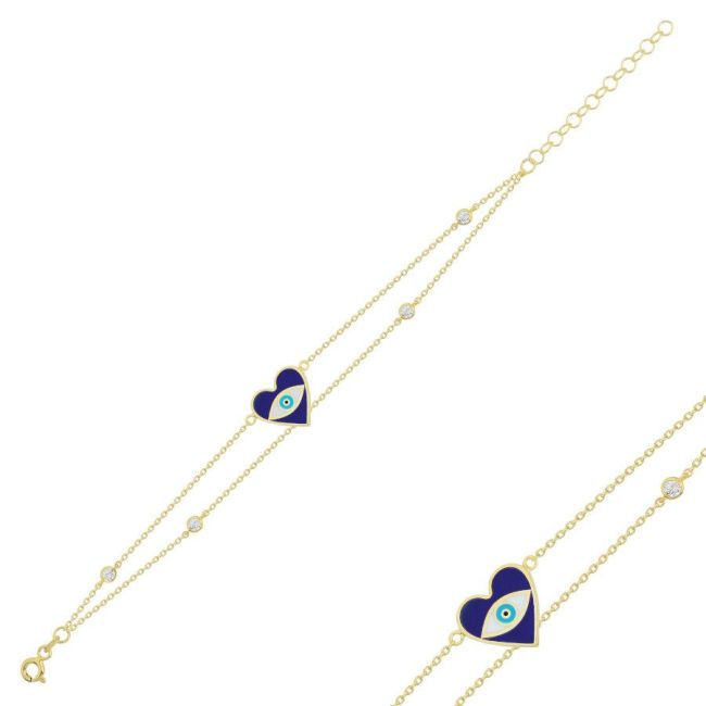Heart Navy Evil Eye Bead Silver Bracelet