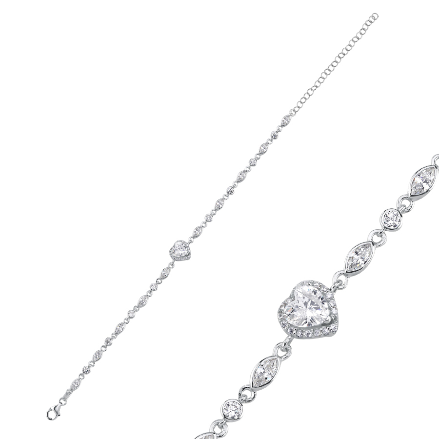 Kalp Taşlı Zincir Kadın Gümüş Bileklik - CNG Jewels