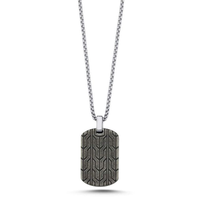 Kilim Pattern Antique Plate Tag Steel Men's Necklace - 1