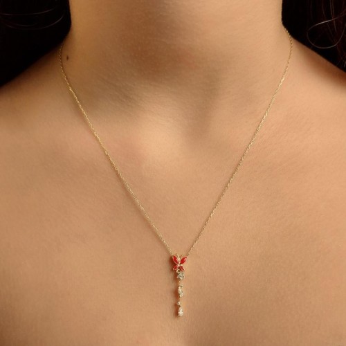 Water Drop Stone Red Enamel Butterfly Gold Silver Women's Necklace - CNG Jewels (1)