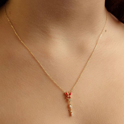 Kırmızı Mineli Kelebek Gold Taşlı Gümüş Kolye 