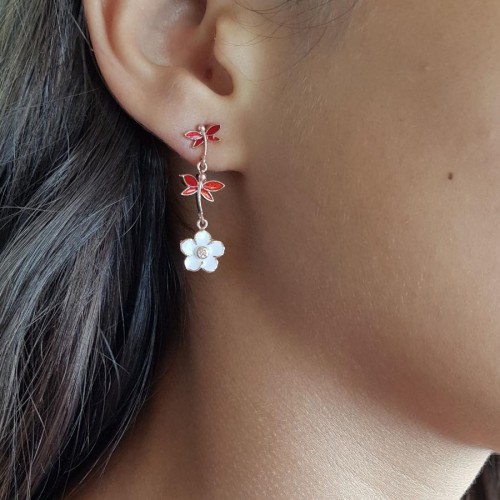 Red Enamel Dragonfly and Violet Flower Silver Women's Earrings - CNG Jewels