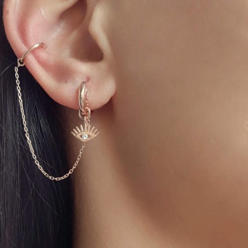 Kirpikli Göz Zincirli Rose Kıkırdak Gümüş Küpe - CNG Jewels