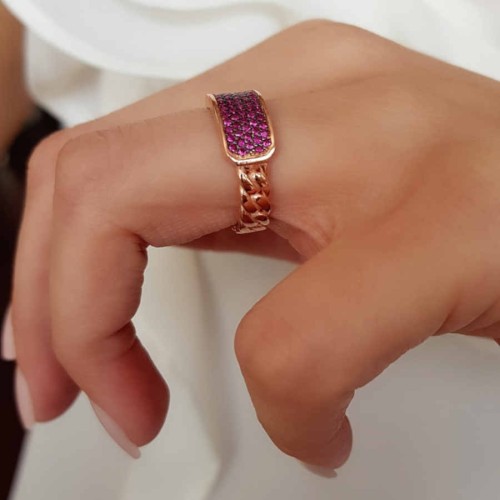 Silver Women's Ring with Pink Stone and Chain Pattern - 2