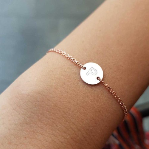 Küçük Yuvarlak Plaka P Harfi Rose Gold Gümüş Kadın Bileklik - CNG Jewels