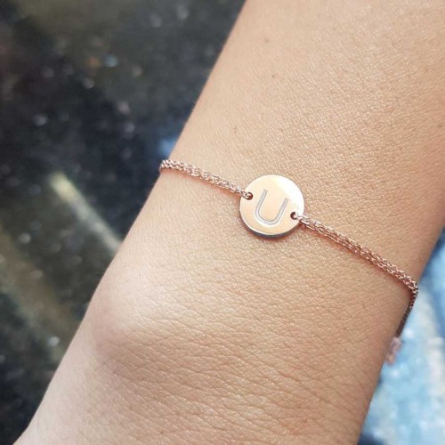 Küçük Yuvarlak Plaka U Harfi Rose Gold Gümüş Kadın Bileklik - CNG Jewels