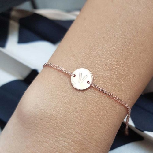 Küçük Yuvarlak Plaka V Harfi Rose Gold Gümüş Kadın Bileklik - CNG Jewels