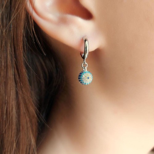 Küre Taşlı Nazar Boncuğu Sallantılı Gümüş Küpe - CNG Jewels