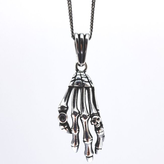 Skull Skeleton Hand Silver Men's Necklace - 1