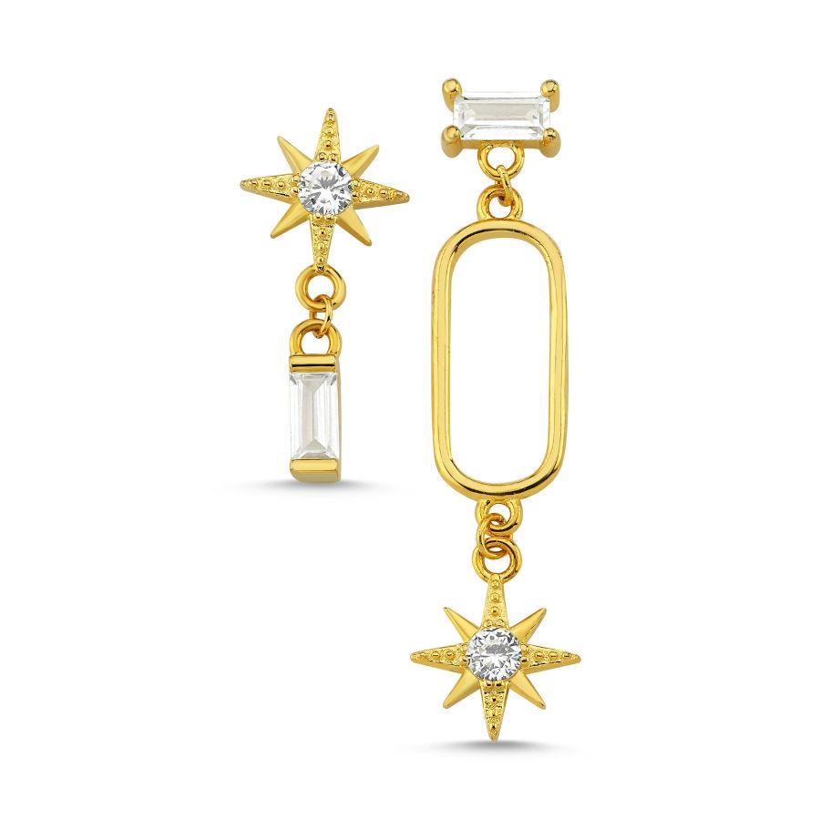 Kutup Yıldızı Baget Taşlı Asimetrik Gold Gümüş Kadın Küpe - CNG Jewels
