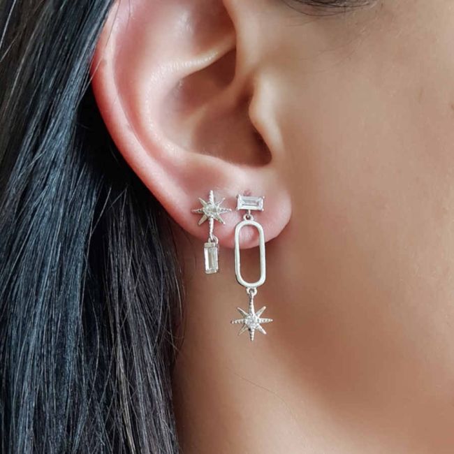 Asymmetric Silver Women's Earrings with Pole Star Baguette Stone - 2