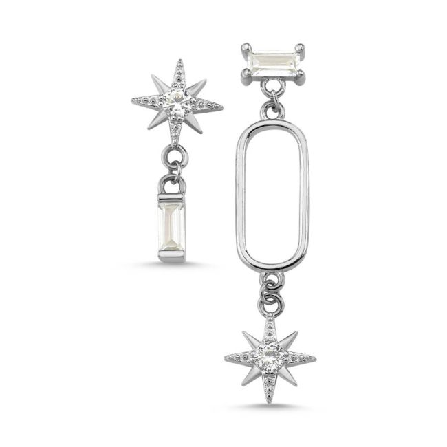 Asymmetric Silver Women's Earrings with Pole Star Baguette Stone - 1