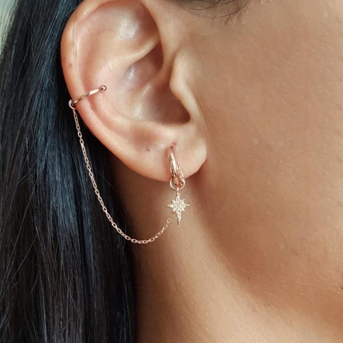 Kutup Yıldızı Zincir Kıkırdak Rose Gümüş Küpe - CNG Jewels