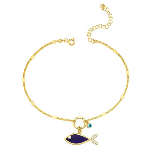 Navy Fish Evil Eyelu Gold Silver Anklet