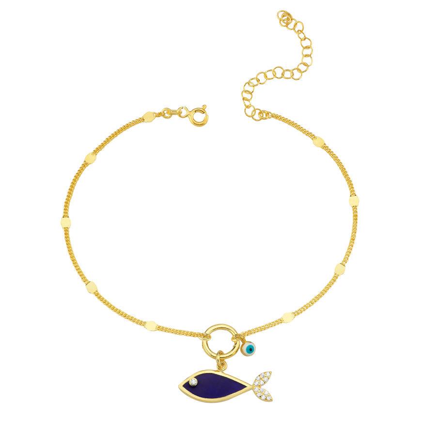 Navy Blue Fish Evil Eye Beaded Gold Silver Anklet - CNG Jewels