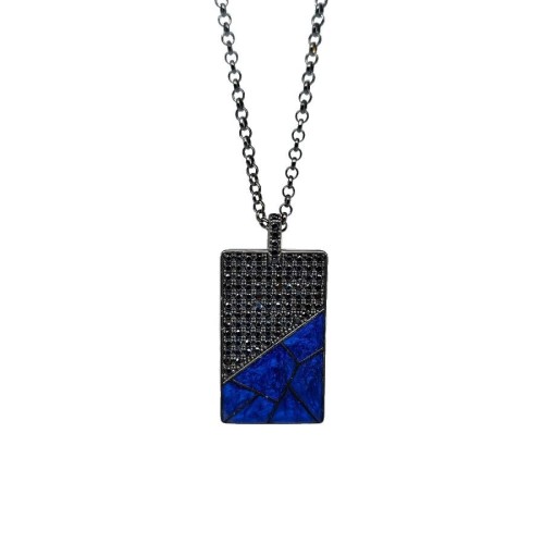 Navy Blue Marble Patterned Plate Men's Silver Necklace - 1