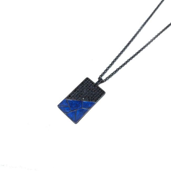 Navy Blue Marble Patterned Plate Men's Silver Necklace - 2