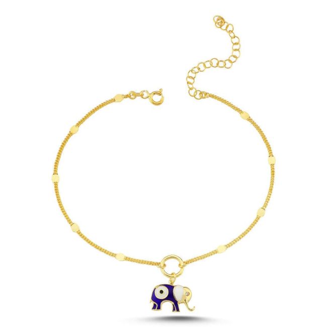 Navy Blue Enamel Elephant Gold Silver Anklet - 1