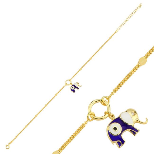 Navy Blue Enamel Elephant Gold Silver Anklet - 2