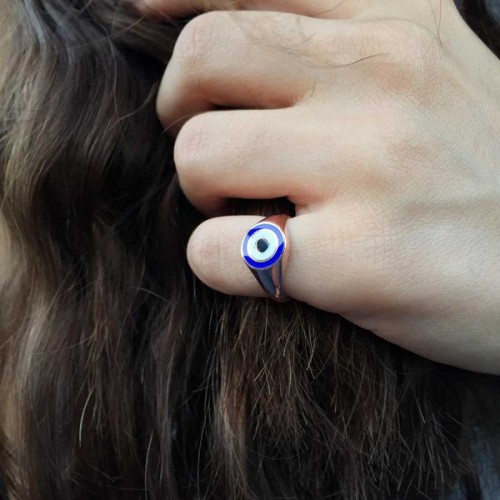 Navy Blue Evil Eye Beaded Pinky Finger Rose Silver Women's Ring - 1