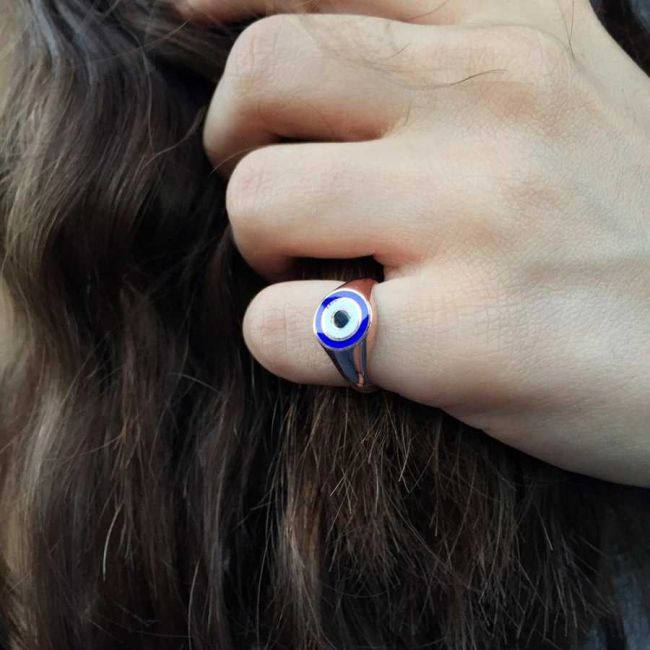 Navy Blue Evil Eye Beaded Pinky Finger Rose Silver Women's Ring - 1
