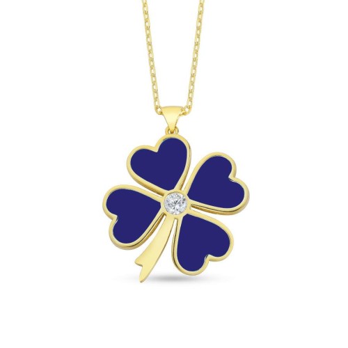 Navy Blue Clover Silver Women's Necklace 