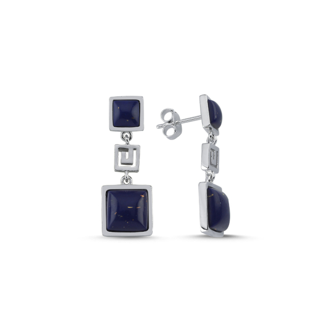 Lapis Lazuli Kare Taşlı Sallantılı Kadın Gümüş Küpe - 1
