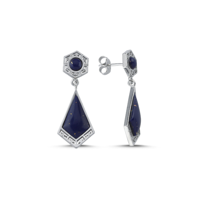 Lapis Lazuli Üçgen Taşlı Sallantılı Kadın Gümüş Küpe - 1
