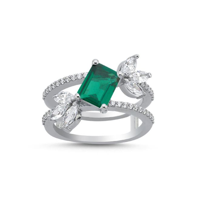 Lidia Green Baguette Stone Women's Silver Ring - 1