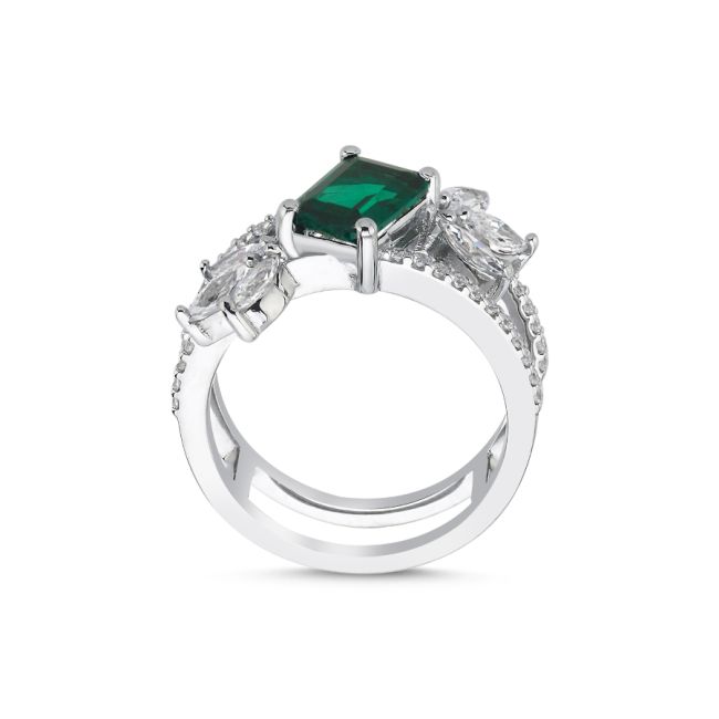 Lidia Green Baguette Stone Women's Silver Ring - 3