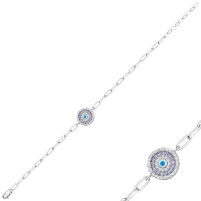 Lila Baguette Evil Eye Bead Eye Silver Bracelet