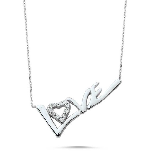 Love Yazılı Kalpli Gümüş Kadın Kolye - 1