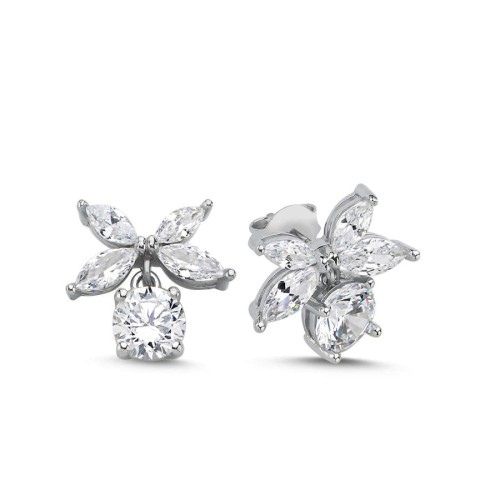 Marquise Roza Dangle Solitaire Women's Silver Earrings - 1