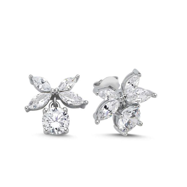 Marquise Roza Dangle Solitaire Women's Silver Earrings - 1
