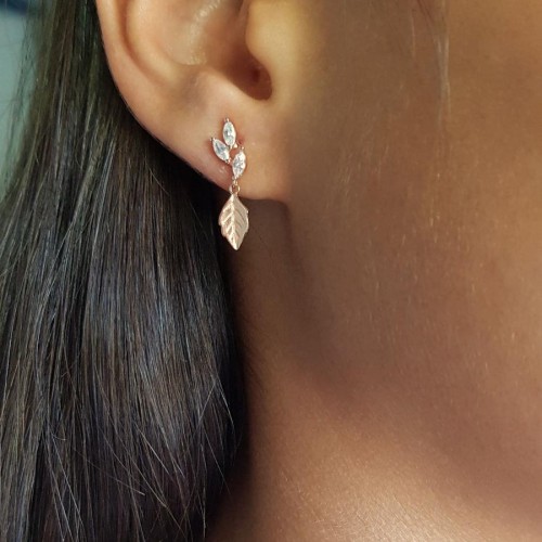 Marquise Stone Leaf Rose Silver Women's Earrings - CNG Jewels