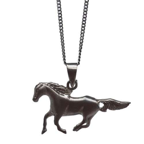 Matte Black Color Running Horse Silver Men's Necklace - 1