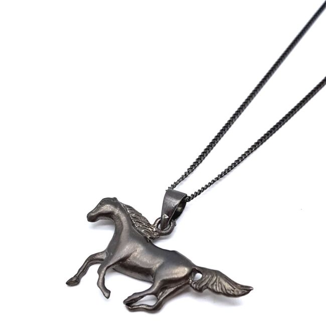 Matte Black Color Running Horse Silver Men's Necklace - 2