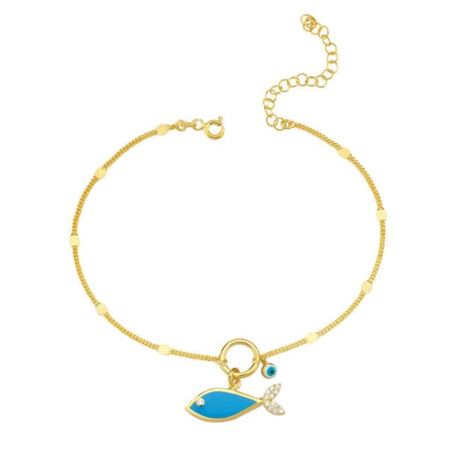 Blue Fish Evil Eye Beaded Gold Silver Anklet - 1