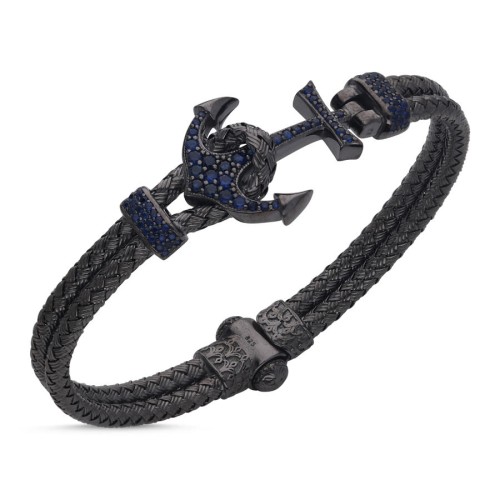 Blue Anchor Mesh Knit Silver Men's Bracelet - 1