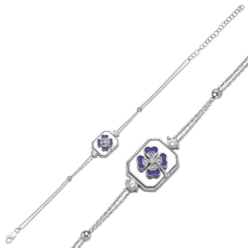 Mavi Dört Yaprak Yonca Kadın Gümüş Bileklik - CNG Jewels