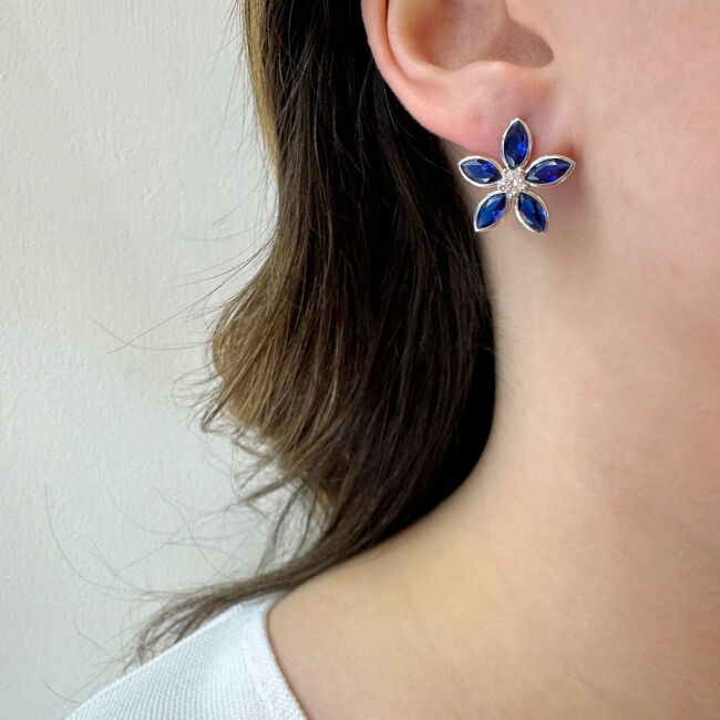 Blue Fiore Flower Silver Women's Earrings - 2