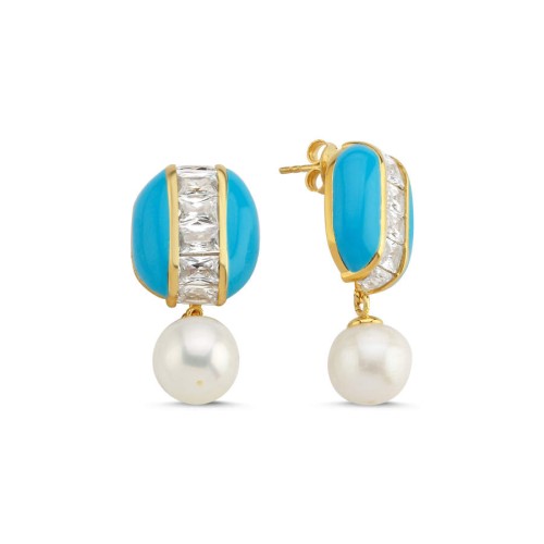 Blue Enamel Baguette Stone Pearl Women's Silver Earrings - CNG Jewels