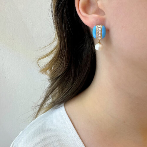 Blue Enamel Baguette Stone Pearl Women's Silver Earrings - CNG Jewels (1)
