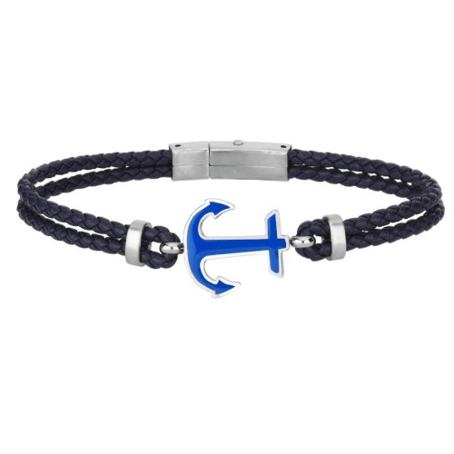 Blue Enameled Anchor Leather Steel Men's Bracelet - 1