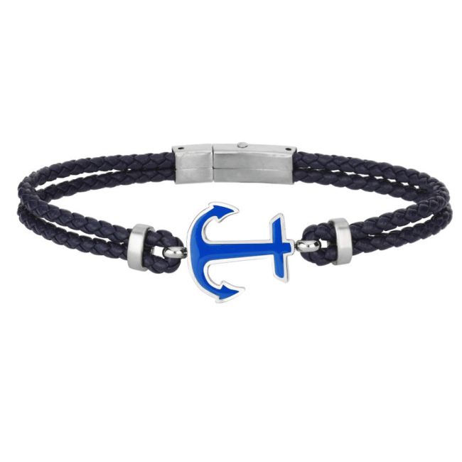 Blue Enameled Anchor Leather Steel Men's Bracelet - 1