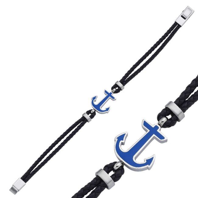 Blue Enameled Anchor Leather Steel Men's Bracelet - 2