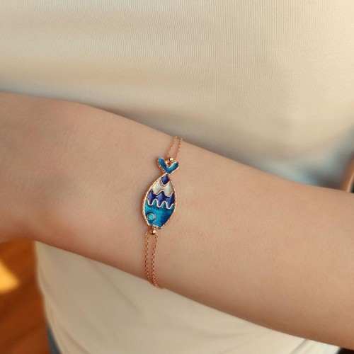 Blue Enamel Fish Silver Women's Bracelet - 2