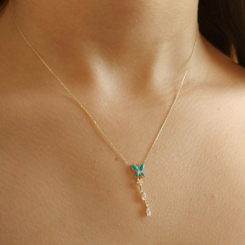 Water Drop Stone Turquoise Enamel Butterfly Gold Silver Women's Necklace - CNG Jewels
