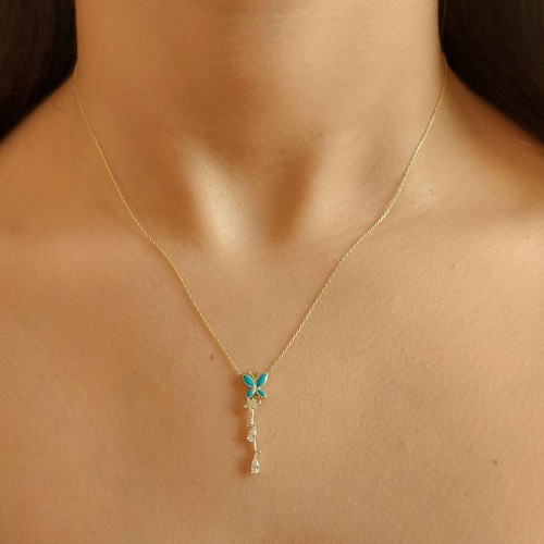 Water Drop Stone Turquoise Enamel Butterfly Gold Silver Women's Necklace - CNG Jewels (1)